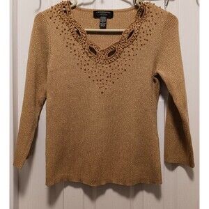 Cable & Gauge Womens Petite Gold Metallic Sweater Silk Beaded 3/4 Sleeve Size PS